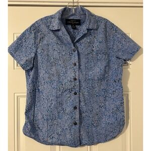 Peter Huntington Floral Women's M Short Sleeve Button-Up Cotton Shirt Blue